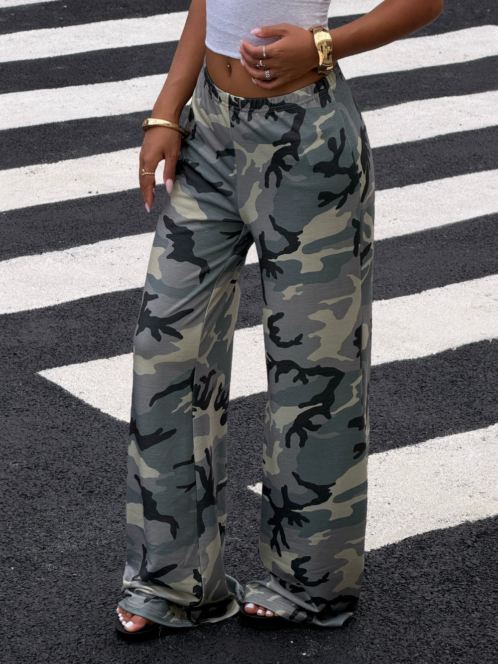 Zara Street Camo High Waist Wide Leg Floor Length Pants Fall Winter